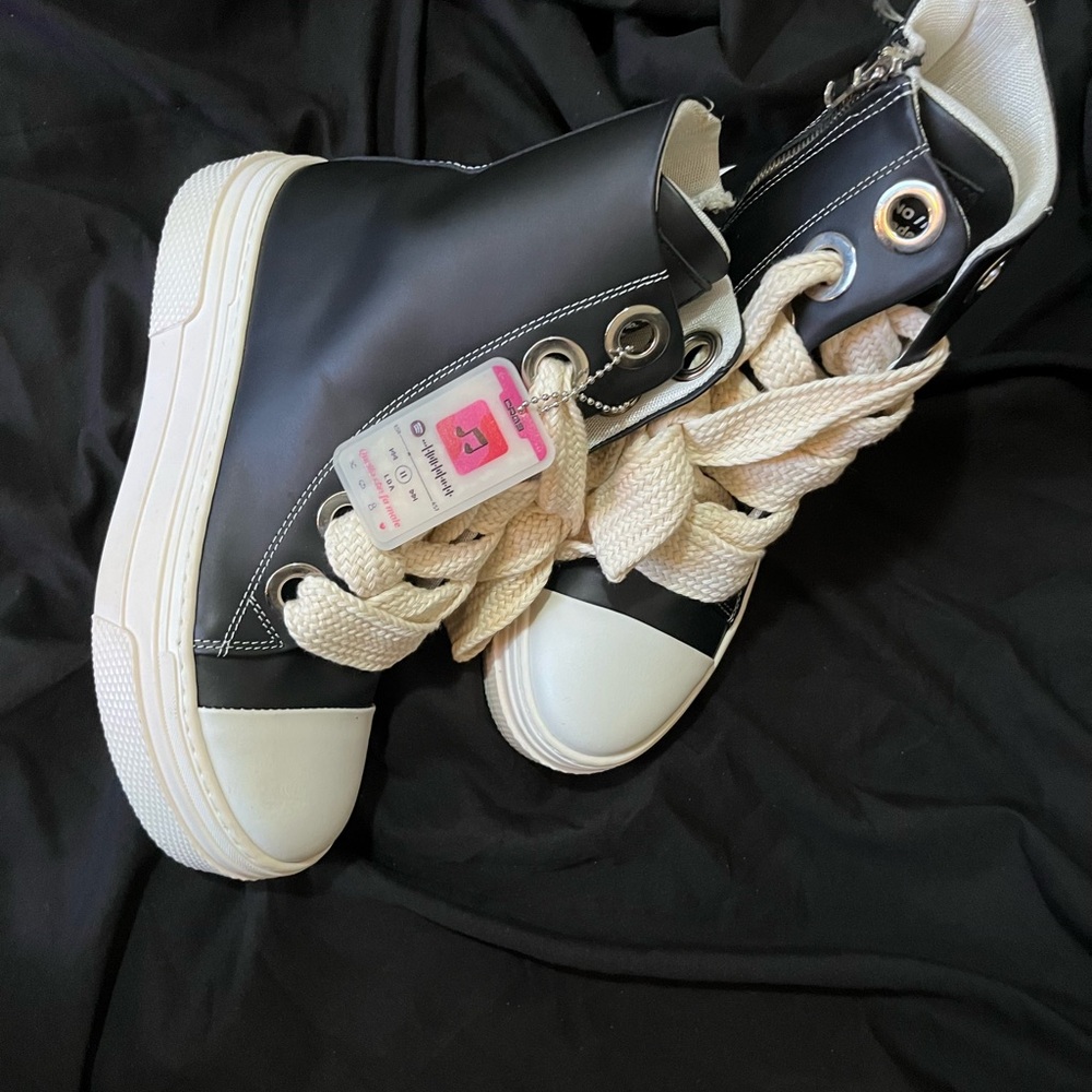Black and White Genuine Leather High-Top Sneakers